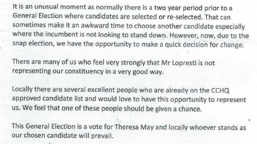 Part of the letter circulated anonymously to local Conservatives