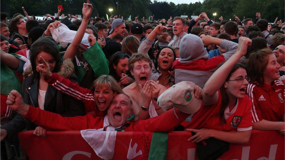 Wales fans in Cardiff fan zone