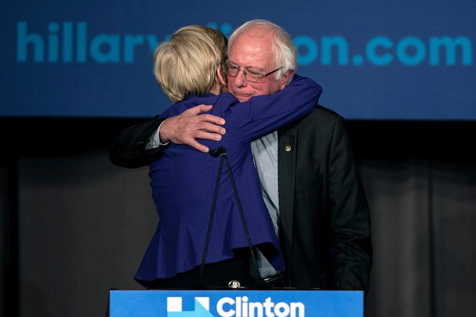 Elizabeth Warren hugs Bernie Sanders as both campaigned for Hillary Clinton in 2016