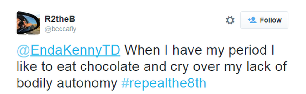 Tweet: "@EndaKennyTD When I have my period I like to eat chocolate and cry over my lack of bodily autonomy #repealthe8th"