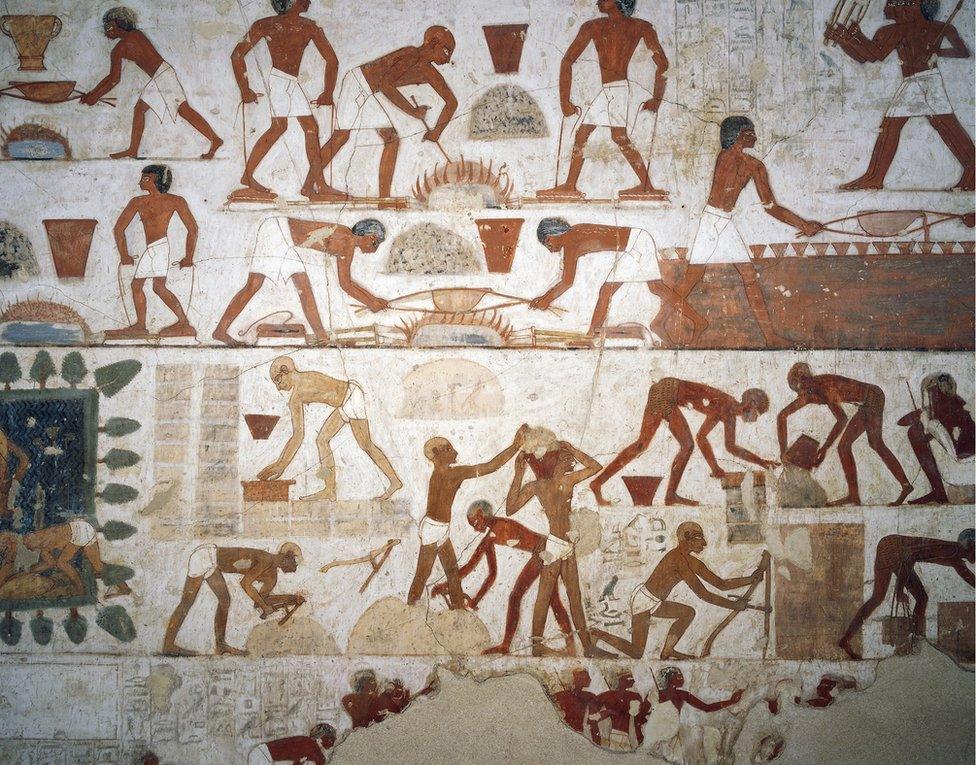 A painting of workers making bricks from the tomb of Rekhmire in Thebes, Egypt