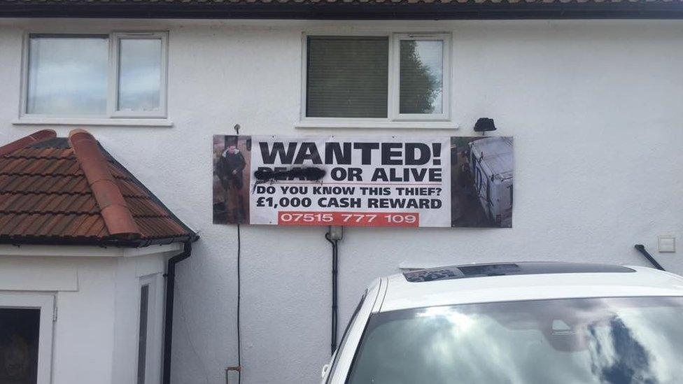 Wanted poster on side of Sebastian Stephenson's house