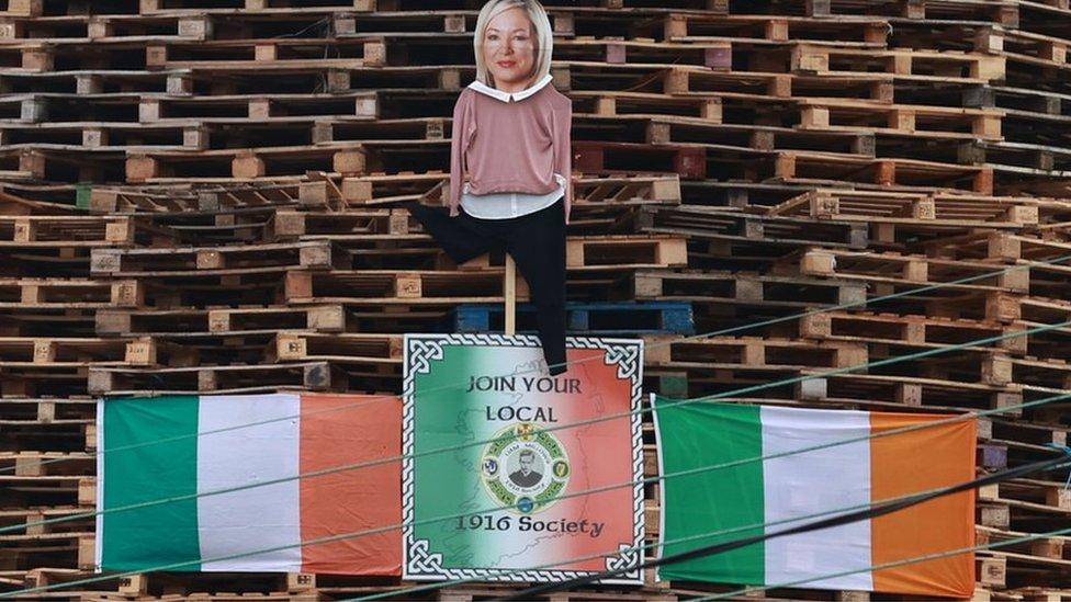 A effigy of Sinn Fein Vice President Michelle O'Neill on the Eastvale Avenue bonfire in Dungannon, on the Eleventh night to usher in the Twelfth commemorations.