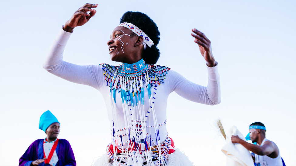 Xhosa dancer at the Corona Open J-Bay at Jeffreys Bay, Eastern Cape, South Africa - Monday 11 July 2022