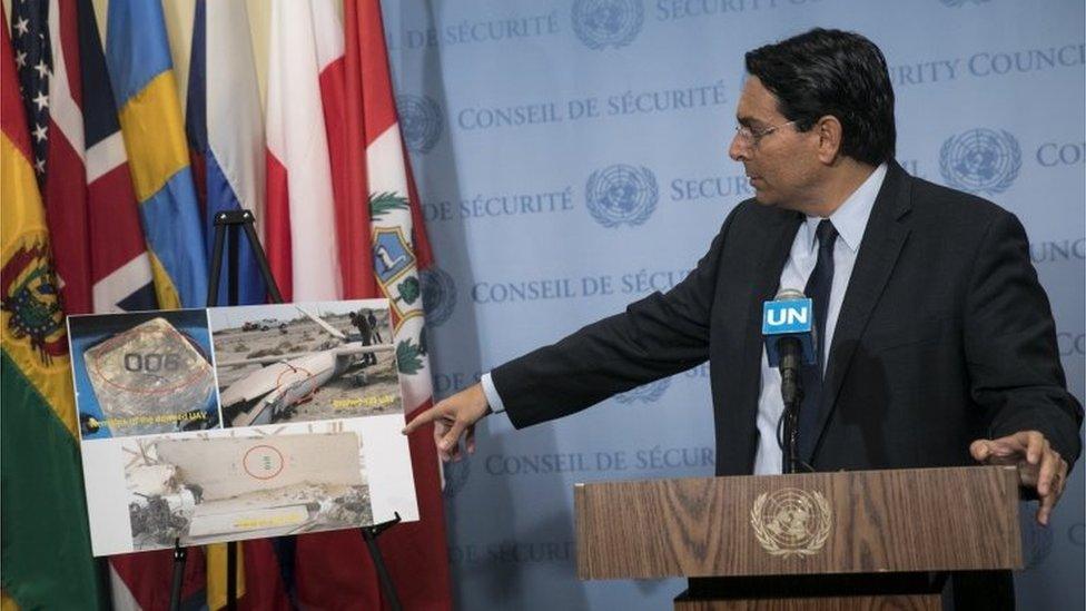 Israel's UN ambassador points to picture of what Israel says was an armed Iranian drone sent to attack it in February (26/04/18)