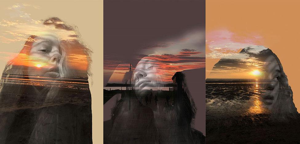 A photo montage of portraits of a young woman with sunsets in the background