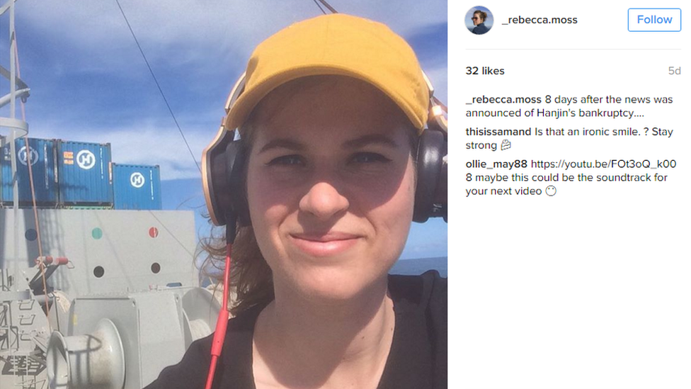 "8 days after the news was announced of Hanjin's bankruptcy", reads the caption on Rebecca Moss' photograph on her Instagram page