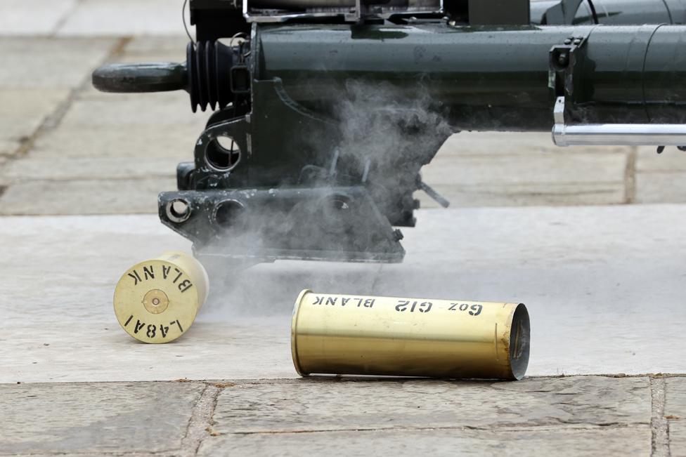 Used shells lie on the ground as The Honourable Artillery Company fire a gun salute at The Tower of London on April 10, 2021 in London