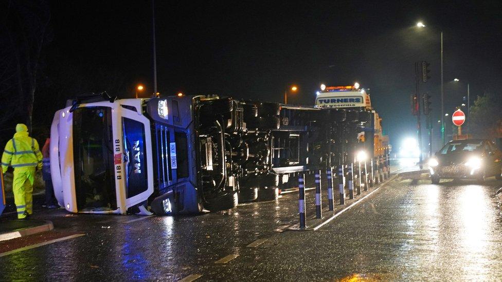 A lorry blown over in high winds blocks the A179 near Hartlepool