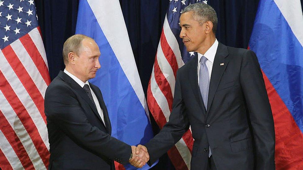 Vladimir Putin and Barack Obama shake hands at a bilateral meeting at the United Nations headquarters September 28, 2015 in New York City