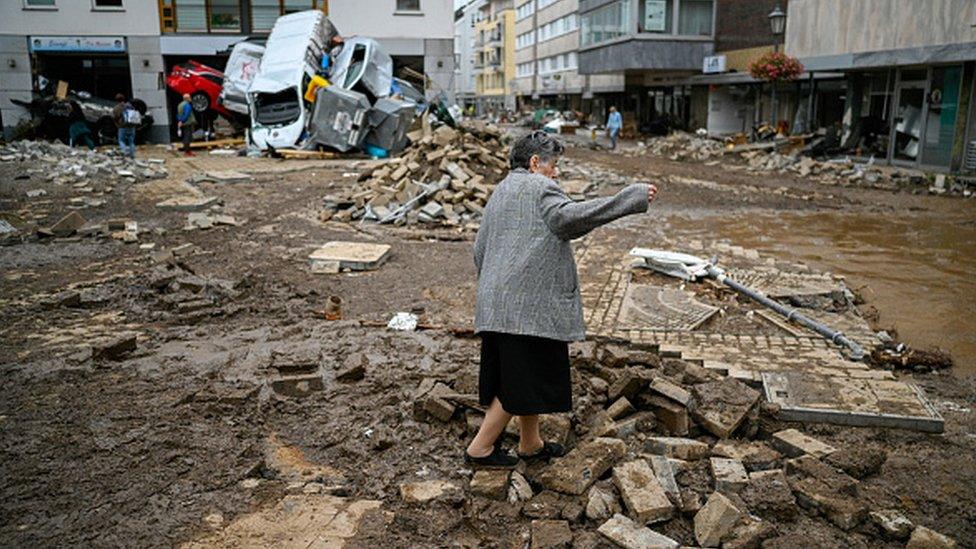 Streets damaged by the flooding of the Ahr River in Ahrweiler, Germany