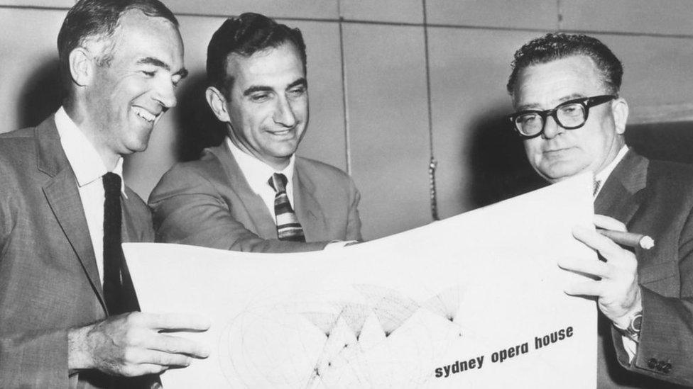 Left to right: Jørn Utzon architect of Sydney Opera House, Sir Jack Zunz, lead engineer and Australian architect Henry Ashworth