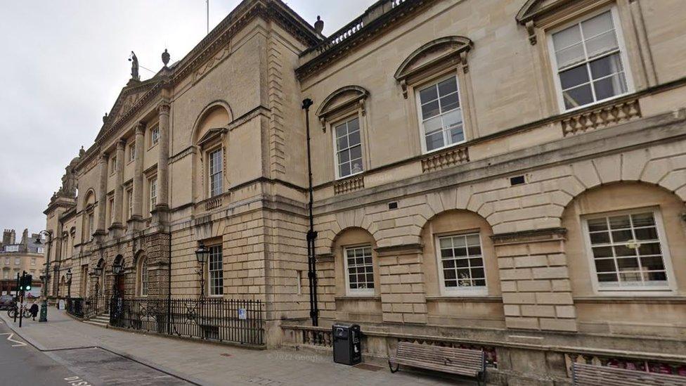 Bath Guildhall from the front, where some of the council is based. Large, grand bath stone building with columns and arched windows