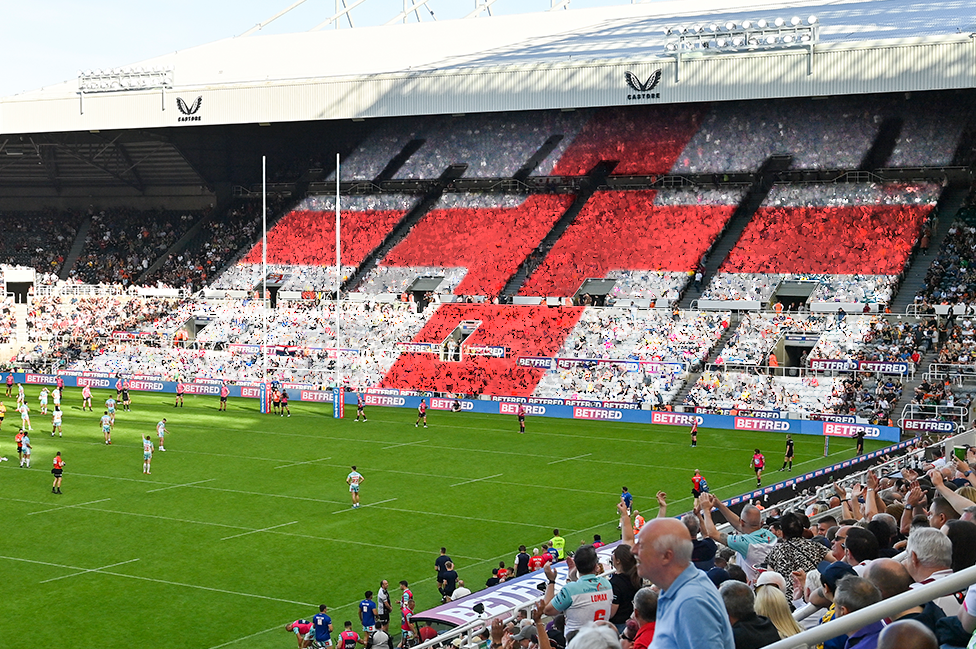 Artist impression of rugby fans watching World Cup game and forming giant St George's flag at St James' Park