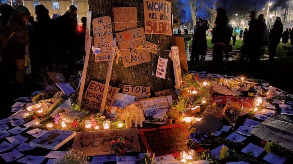 Placards and candles left in the memory of murdered Durham graduate Sarah Everard