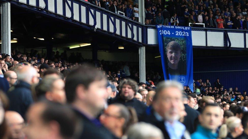 A banner for the late Matthew Daulby in the stands during Everton's game against Arsenal