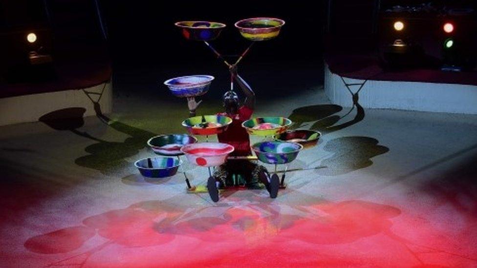 Juggler Isaac Aborah of Ghana performs at the Capital Circus during the 11th edition of the International Circus Festival on January 7, 2016 in Budapest. The festival takes place from January 7 to 11, 2016