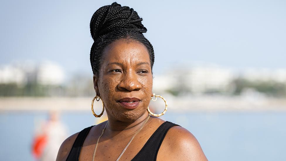 Head and shoulders portrait of #MeToo founder Tarana Burke in Cannes in June 2022