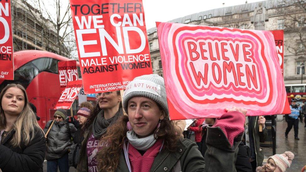 Women protesting against violence at the Million Women Rise march in London