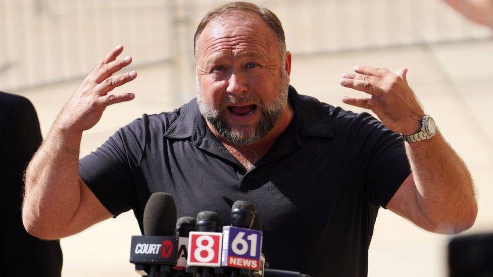 Alex Jones Speaks To The Media Outside The Sandy Hook Trial In Waterbury, Connecticut