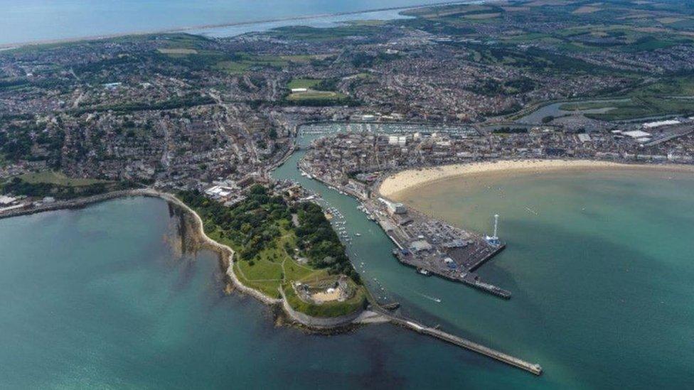 an aerial shot of weymouth coastline