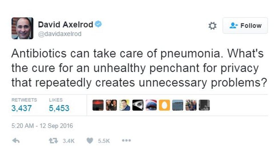 Tweet from David Axelrod: Antibiotics can take care of pneumonia. What's the cure for an unhealthy penchant for privacy that repeatedly creates unnecessary problems?