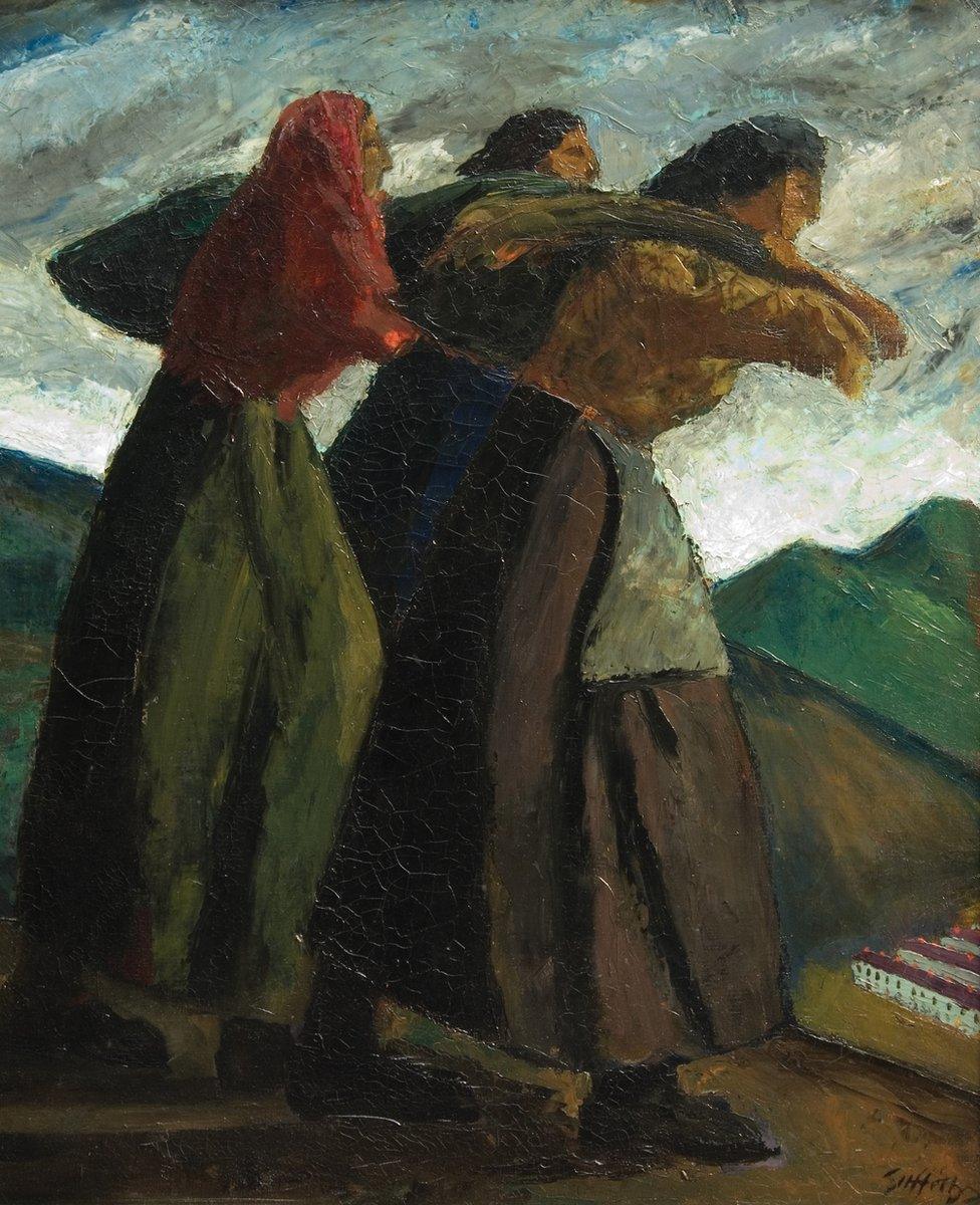 Oil painting of three women carrying sacks by Welshmen Archie Rhys Griffiths