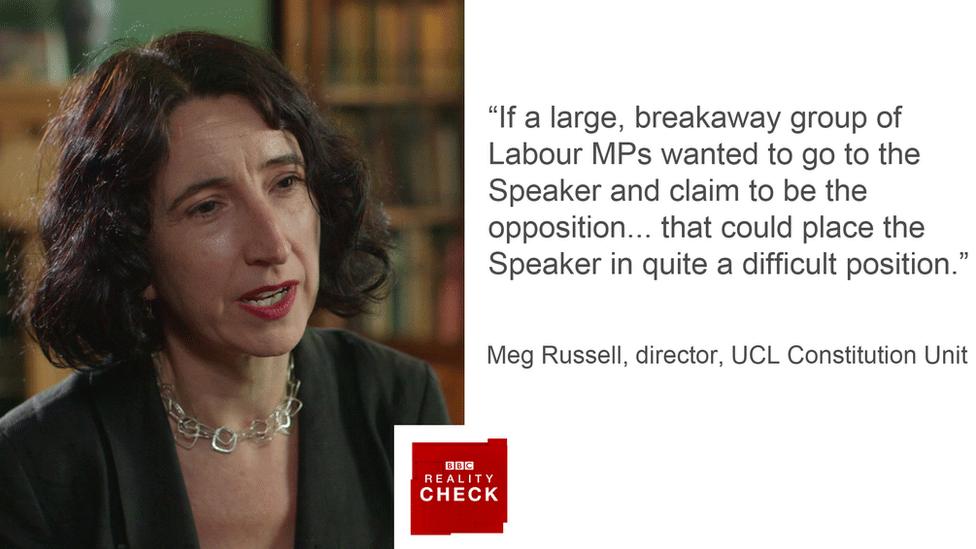 Meg Russell saying: If a large, breakaway group of Labour MPs wanted to go to the Speaker and claim to be the opposition... that could place the Speaker in quite a difficult position."