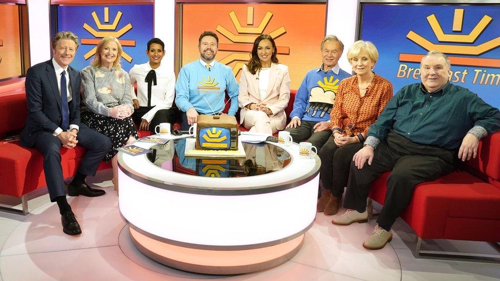 Charlie Stayt, Carol Kirkwood, Naga Munchetty, Jon Kay, Sally Nugent, Francis Wilson, Debbie Rix and Russell Grant on the red sofa as BBC Breakfast celebrate its 40th anniversary with a special show and guests at MediaCityUK