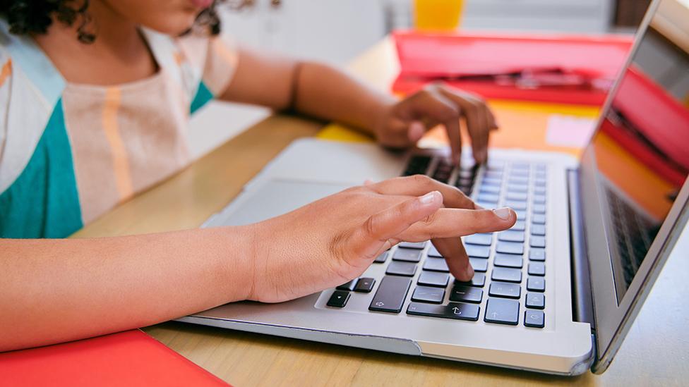 Young child uses laptop