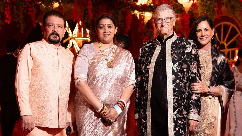 Paula Hurd, Bill Gates, Smriti Irani, India's Minister for Women & Child Development, and her husband Zubin Irani, pose during the pre-wedding celebrations of Anant Ambani, son of Mukesh Ambani, the Chairman of Reliance Industries, and Radhika Merchant, daughter of industrialist Viren Merchant, in Jamnagar, Gujarat, India, March 2, 2024.