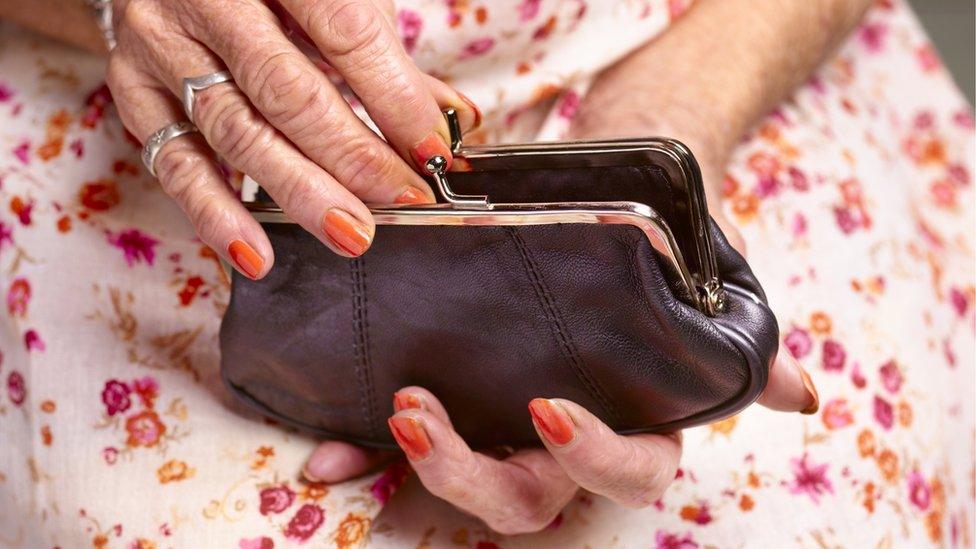 70 year old woman's hands opening purse - stock photo