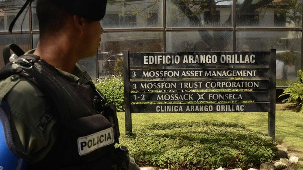 A policeman stands guard outside Mossack Fonseca headquarters in Panama, April 13, 2016