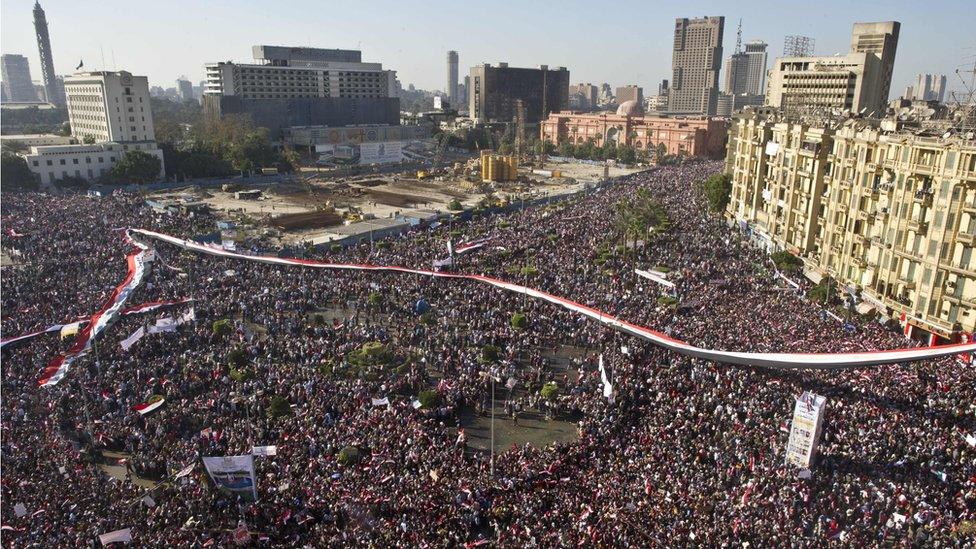 A general view shows hundreds of thousands of Egyptians gathered at Cairo's central Tahrir Square on February 18, 2011 during celebrations marking one week after Egypt's long-time president Hosni Mubarak was forced out of office by an unprecedented wave of protests in the Arab world's most populous country.