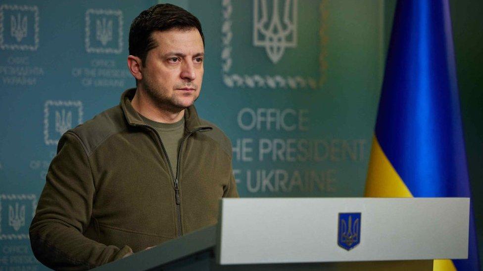 President Zelensky speaking at a press conference on Friday 25 February