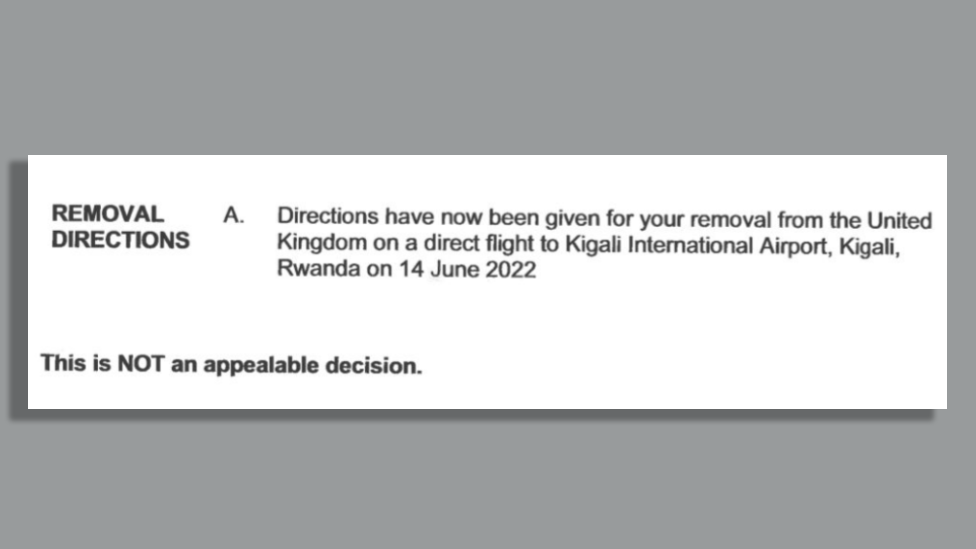 Document telling asylum seekers they will be flown to Rwanda on 14 June 2022 and it is not an appealable decision