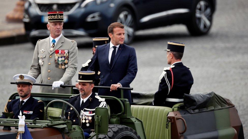 President Macron arrives for Bastille Day events, 14 July 2020