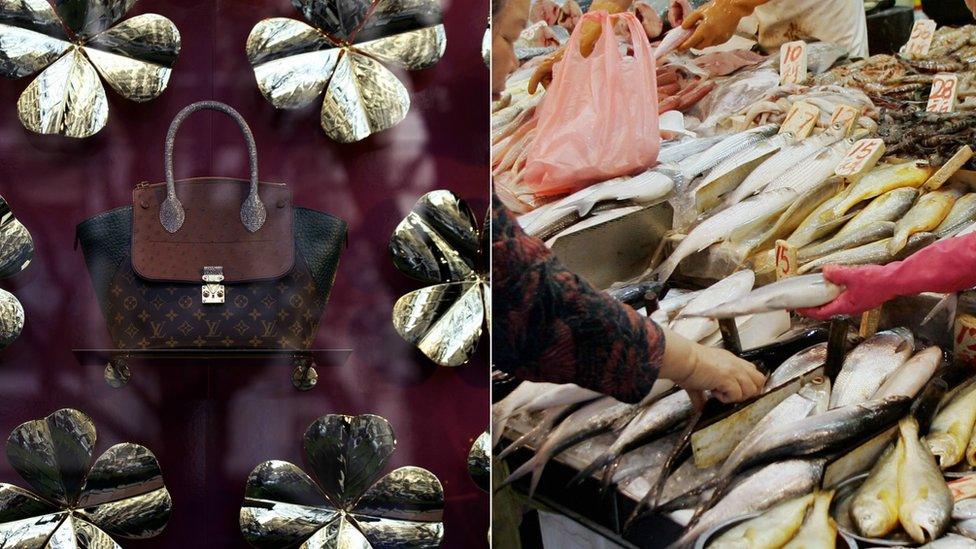 Stacked fish at a market (left) and two Luis Vuitton handbags on right