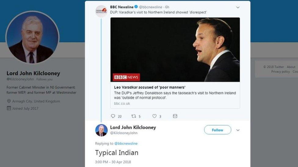 Screengrab of Lord Kilclooney's 'typical Indian' tweet