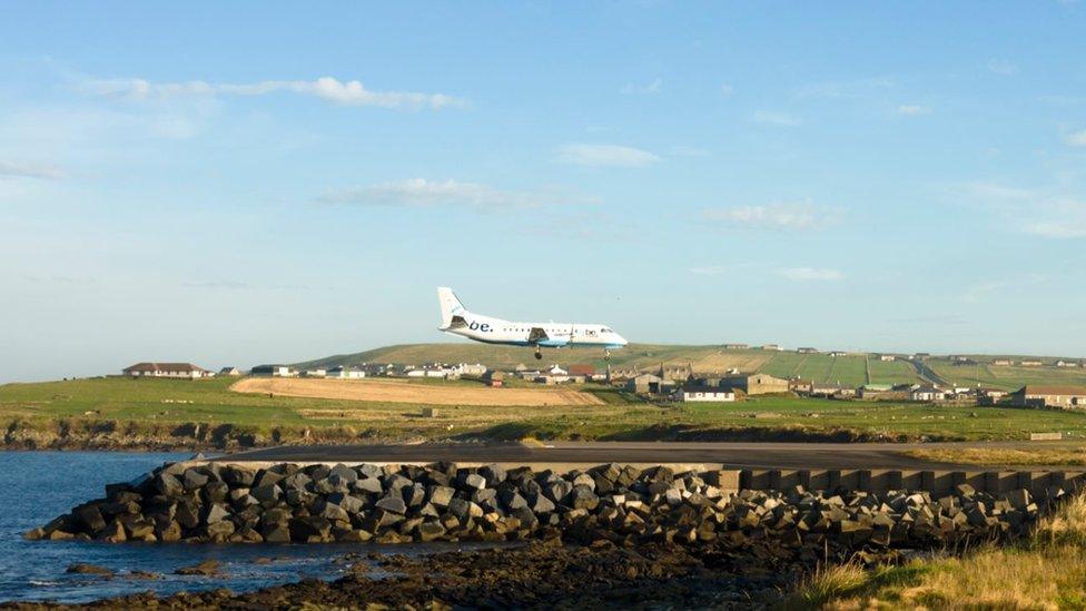 Flybe landing at Sumburgh airport Shetland