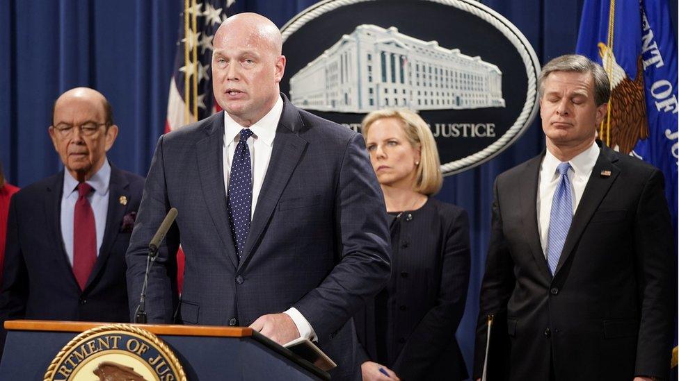 Acting US Attorney General Matthew Whitaker, Commerce Secretary Wilbur Ross (L), Homeland Security Secretary Kirstjen Nielsen and FBI Director Christopher Wray