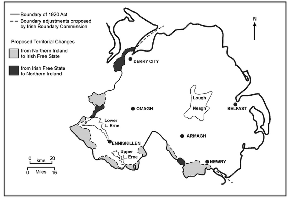 Redrawn map illustrating Boundary Commission proposals for a redrawn Irish border in 1925