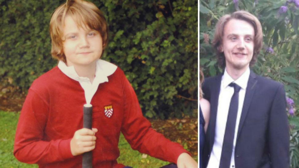 Sam Mechelewski as a child (left) and at his school prom