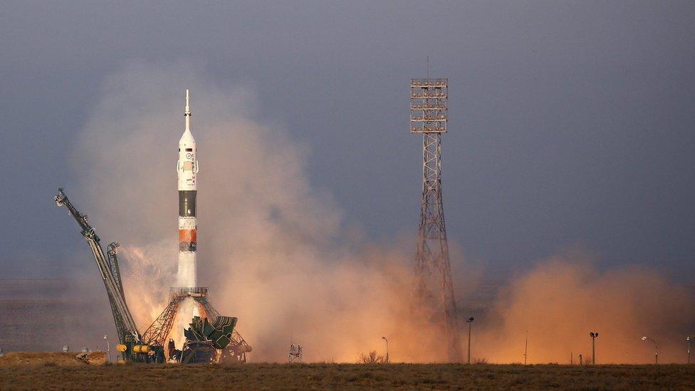 The Soyuz spacecraft preparing for blast off