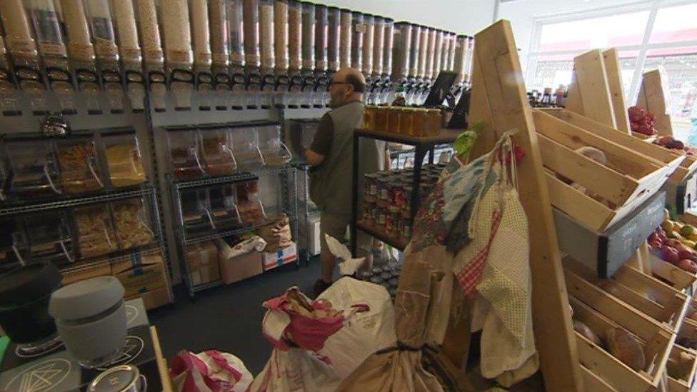 Racks of food stuffs in the refill shop