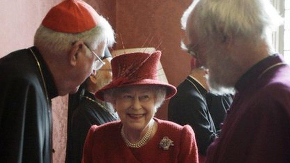 The Queen speaks to the Archbishop of Canterbury Dr Rowan Williams, pictured right, and the Catholic Church's Cardinal Cormac Murphy-O'Connor