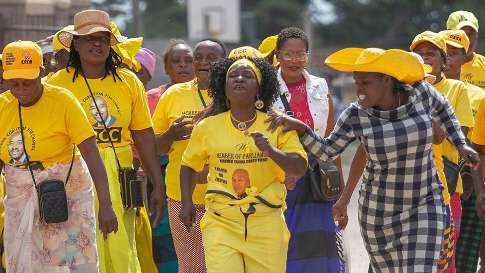 CCC supporters sing and dance at the funeral wake of fellow party activist Tapfumaneyi Masaya in Mabvuku, Harare, Zimbabwe - 15 November 2023