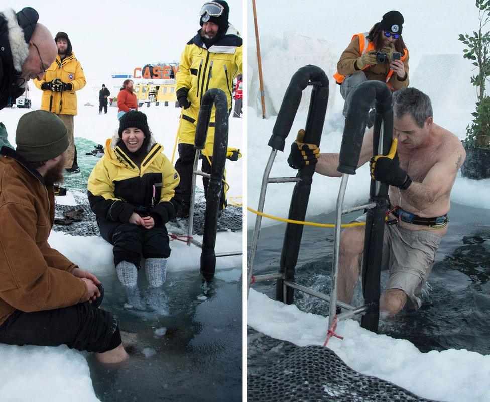 Members of the Australian Antarctic Division (AAD) at the Casey research station swim in icy waters to mark the winter solstice