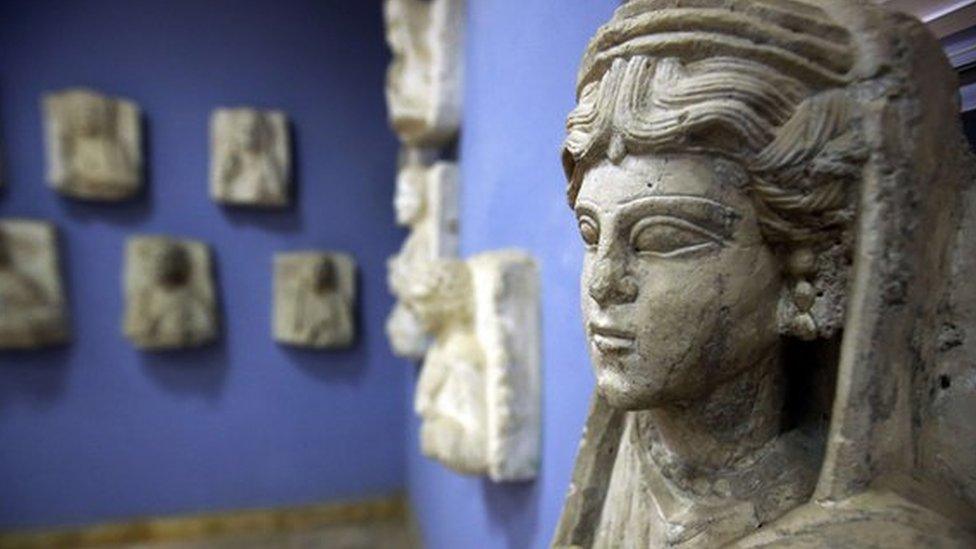 A sculpture found in the ancient Syrian oasis city of Palmyra, displayed at the city's museum (March 2014)