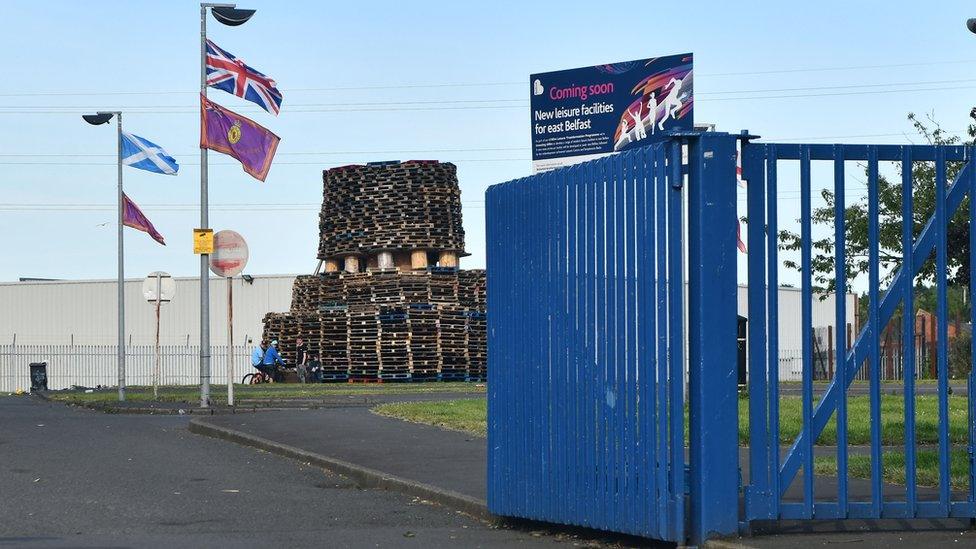 The bonfire in the car park at Avoniel Leisure Centre